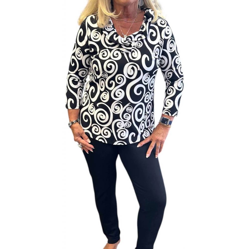 NEW LULU-B ruffle swirl long sleeve top in black & white swirl